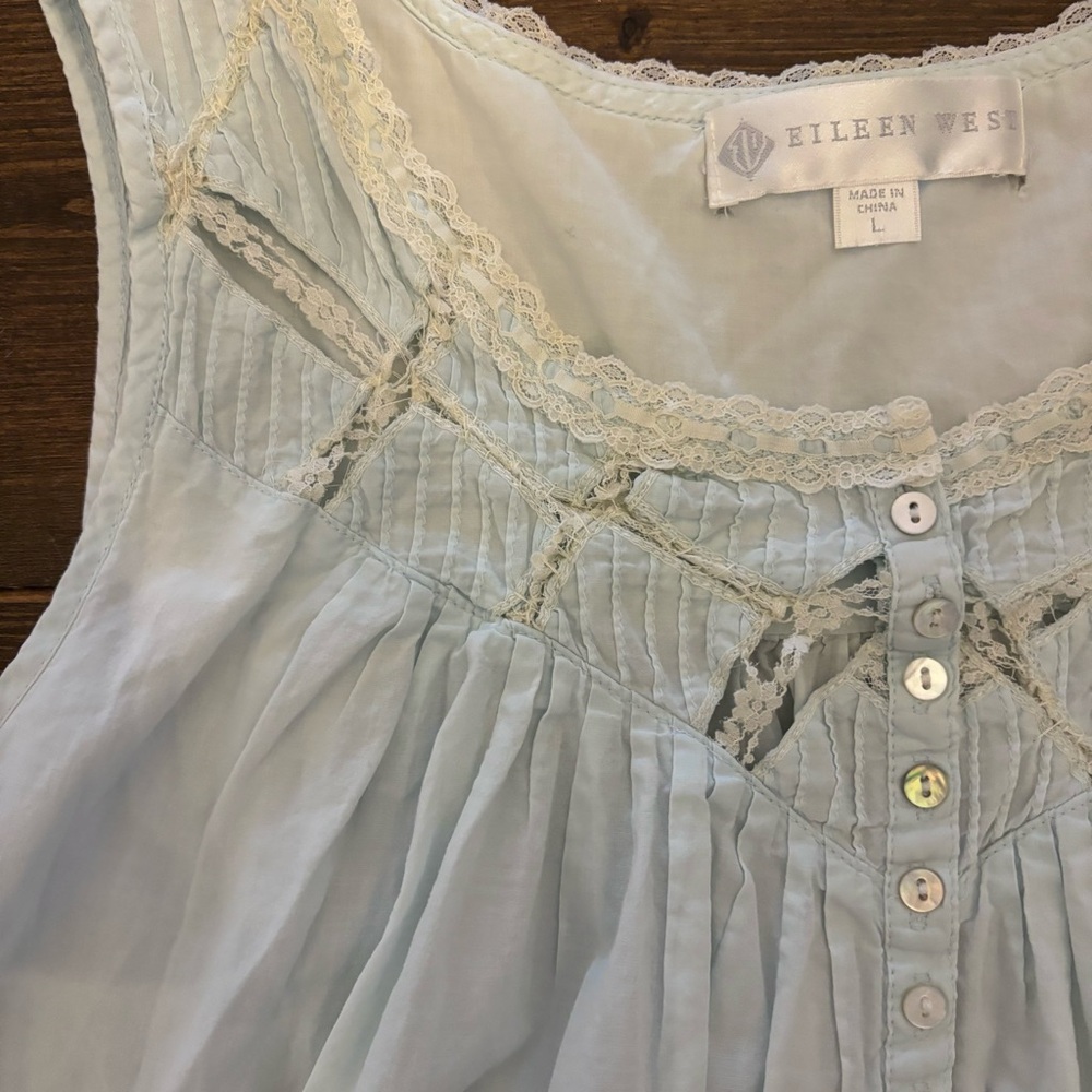 Eileen West Light Aqua Blue Long Cotton Nightgown Lace Trim Size Large, (+Flaw) - Picture 6 of 15